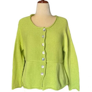 SHANNON PASSERO | Lime Green Cotton Hand Knit Peplum Oversized Cardigan Size S